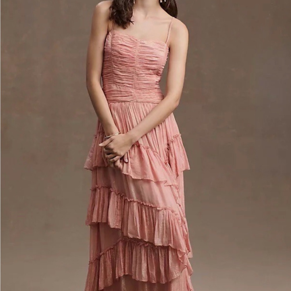 Anthropologie x BHLDN Jessa Asymmetrical Ruffled Metallic Drop Waist Gown